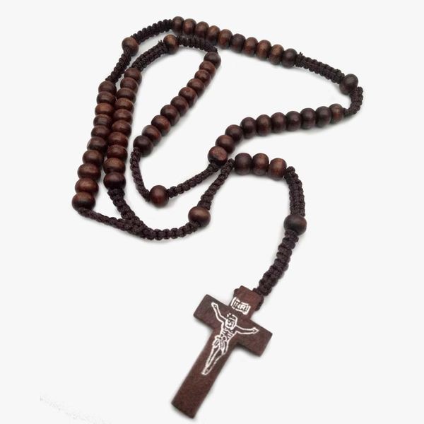 

collier chapelet catholique perles en bois collier croix artisanal bijoux religieux, Silver