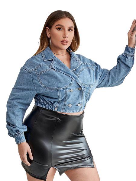 

plus drop shoulder double breasted denim jacket 54sr#, Black;brown