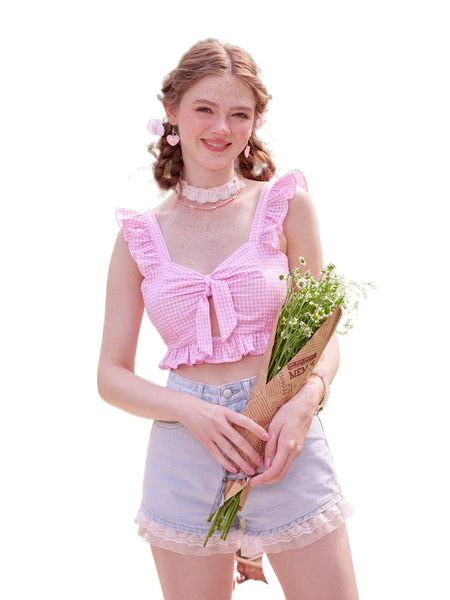 

kawaii gingham knot cut out crop m15m#, White