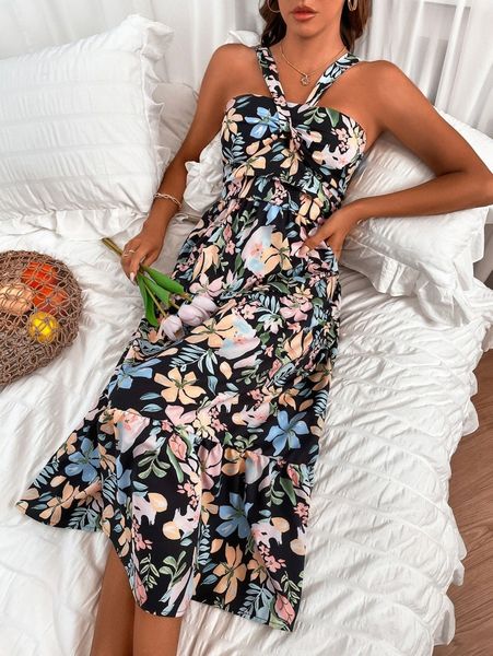 

random tropical print shirred back ruffle hem dress 83ac#, Black;gray