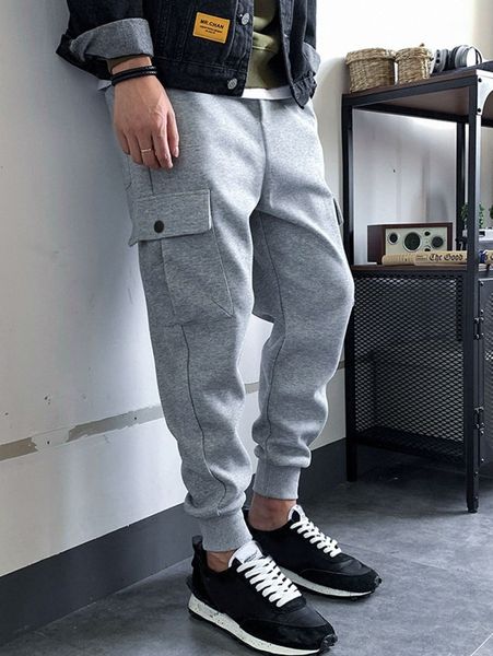 

men flap pocket side drawstring waist sweatpants c63u#, Black