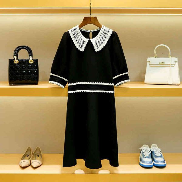 

s family dress design sense of minority women's summer small fragrance hollow out lace collar skirt, Black;gray