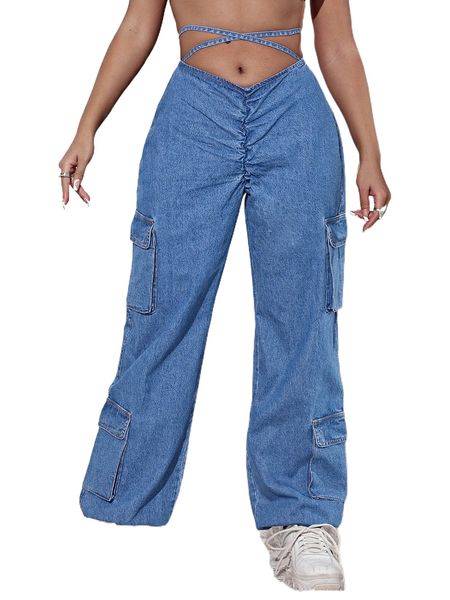 

sxy flap pocket criss cross jeans k4cv#, Blue