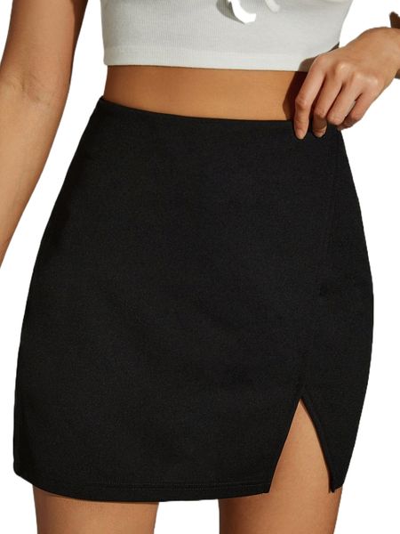 

high waist slit hem skirt 97fm#, Black