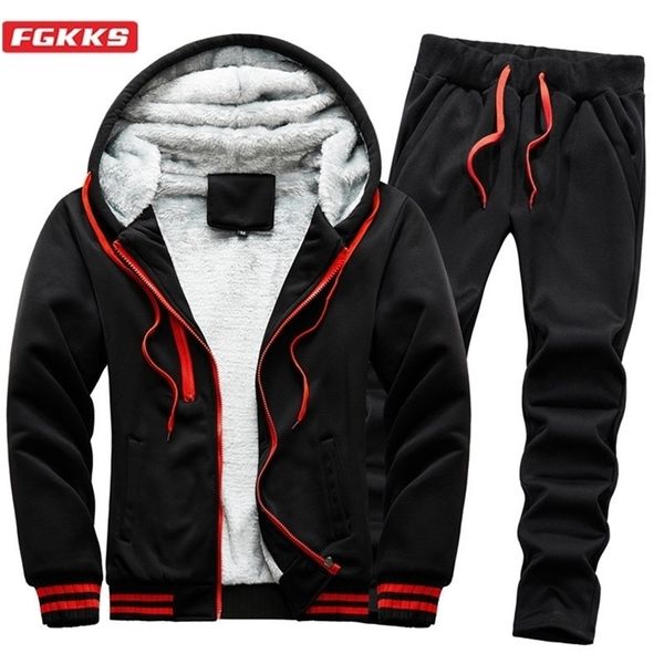 

fgkks winter men fleece warm thick hoodies sets men's hoodies pants two-piece suit solid casual tracksuit set male 201128, Gray