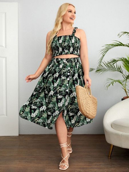 

plus floral print crop shirred cami with split hem skirt j4tk#, Black