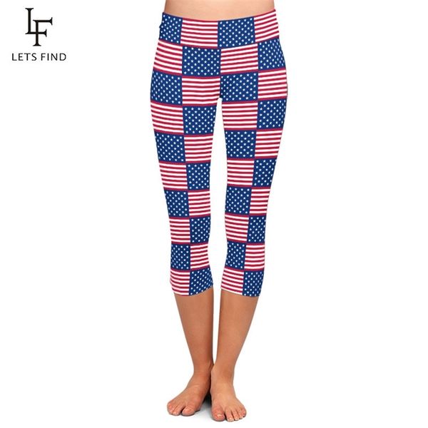 Letsfind yaz yeni yüksek bıldırcınlık 3d Amerikan bayrakları basılı kadın tozlukları yüksek bel artı boyutu fitness elastik tozluk 201014