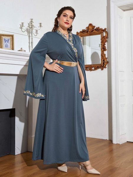 

plus flower embroidered shawl collar slit sleeve belted dress m1wi#, Black