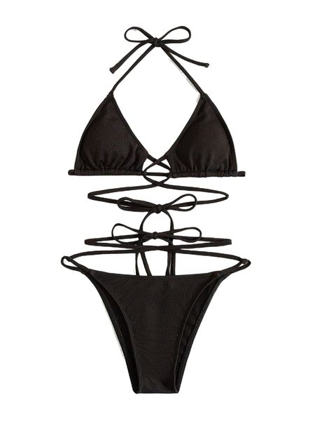 

solid lace up halter triangle bikini swimsuit j5jy#, White;black