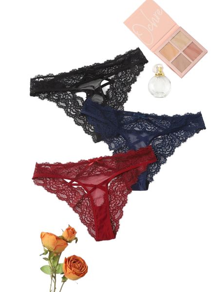 

3pack plus plain floral lace panty n0dj#, Black;white