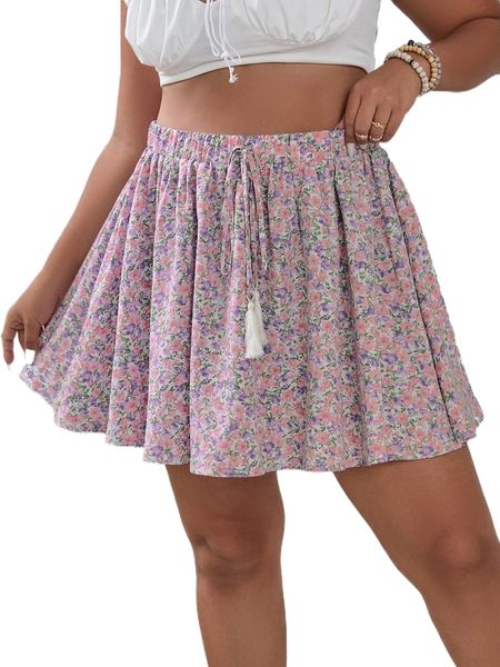 

women's plus size pants ditsy floral tassel knot front skirt 83kt#, Black