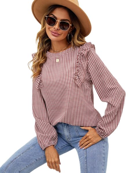 

gingham print ruffle trim lantern sleeve blouse q7fb#, White