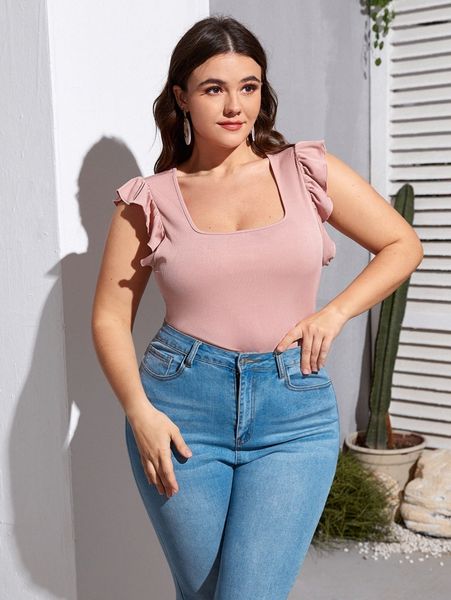 

plus square neck ruffle trim tee t60f#, Black