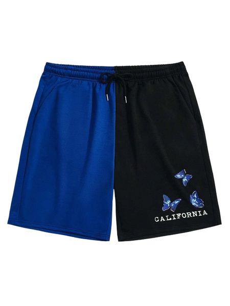 

romwe guys colorblock letter butterfly print drawstring shorts l7iz#, White;black