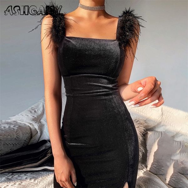

ashgaily velvet dres sleeveless solid feathers bodycon clothes party club outfits femme 220425, Black;gray