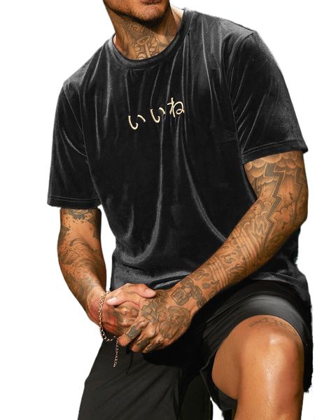 

men japanese letter embroidery velvet tee g8bg#, White;black