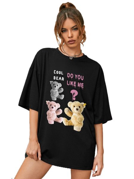 

slogan & bear print drop shoulder oversized tee 07ta#, White