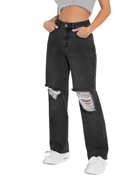 

petite high waist ripped straight leg jeans q6hh#, Blue