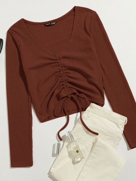 

drawstring front rib-knit tee 526n#, White