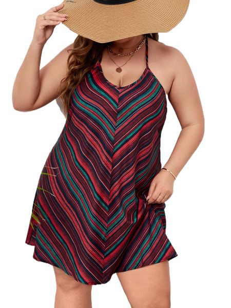 

plus colorful stripe halter dress h5on#, Black