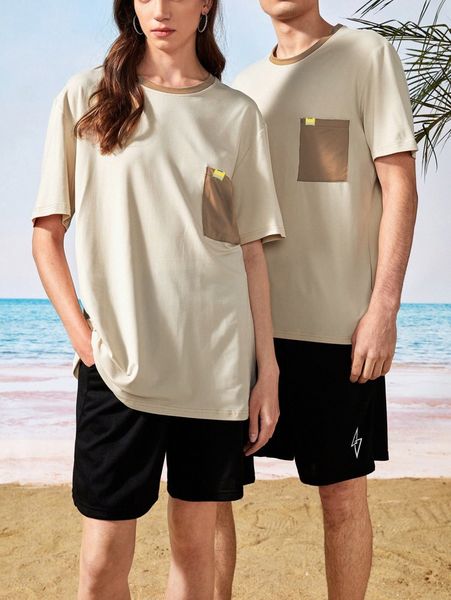 

1pc contrast trim patched pocket tee n803#, White;black