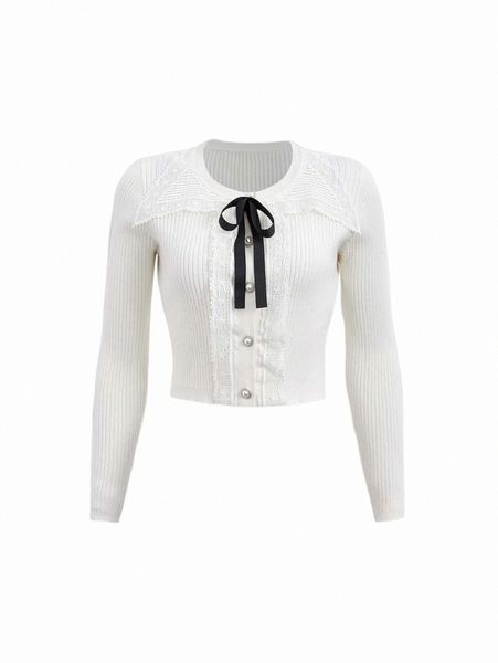 

mod contrast guipure lace bow front cardigan 95ly#, White;black