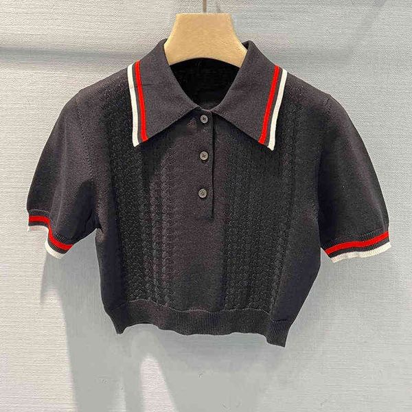 

summer new black sweater lapel thin ice silk polo shirt short sleeved women