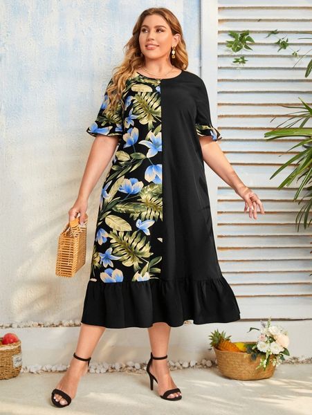 

plus tropical print flounce sleeve ruffle hem dress h8qu#, Black