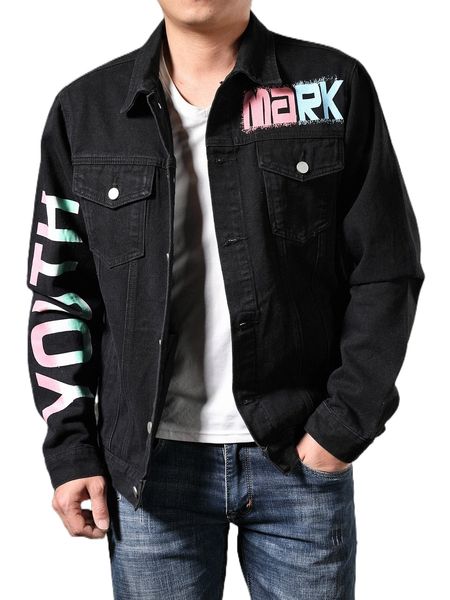 

men letter graphic flap pocket denim jacket l6bk#, Black;brown