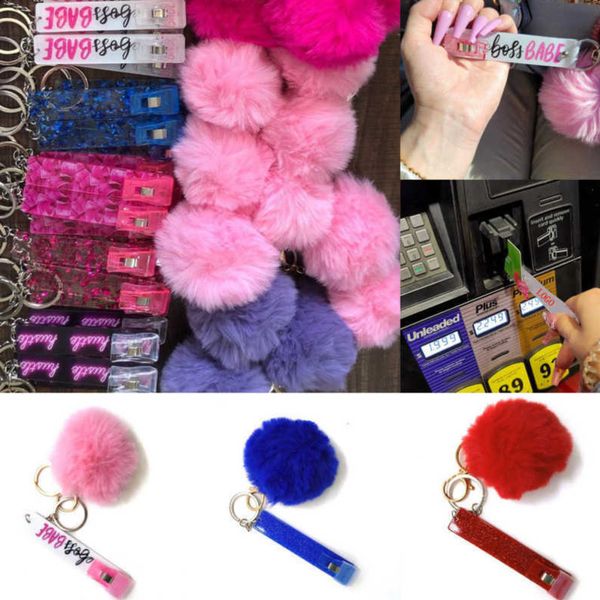 Bonito extrator de cartão de crédito pompom chaveiros acrílico cartão de débito agarrador de cartão para unha longa atm bola de pele de coelho chaveiro rosa cartões clipe unhas chaveiros