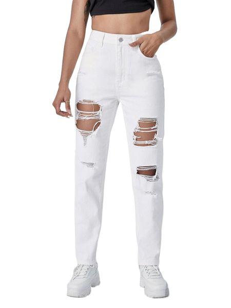 

high waist cut out ripped frayed straight leg jeans q1m5#, Blue