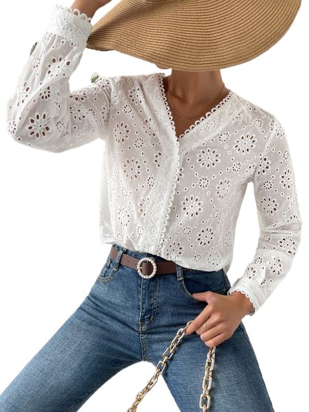 

eyelet embroidery button front blouse p4nv#, White