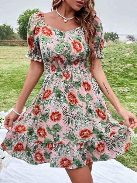 

floral print shirred ruffle hem dress z0q0#, Black;gray