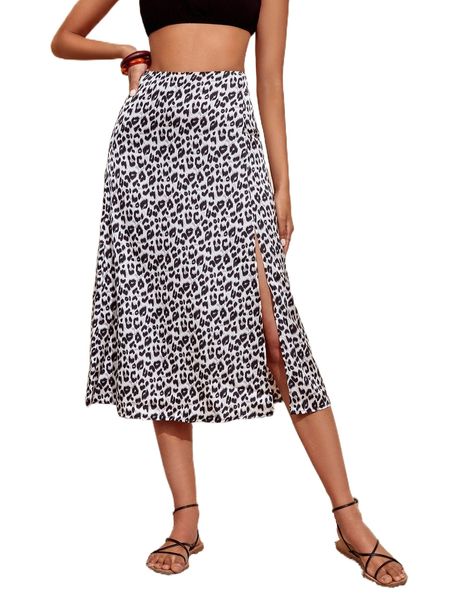 

high waist leopard split thigh skirt n3sn#, Black