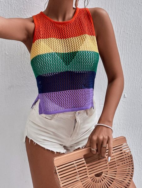

color block open knit split side knit tank without bra i35y#, White;black