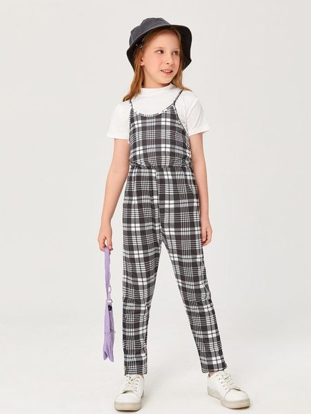 

girls solid stand collar crop tee & plaid cami jumpsuit she, White
