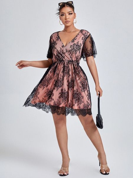 

plus wrap lace trimed a-line dress p7uz#, Black