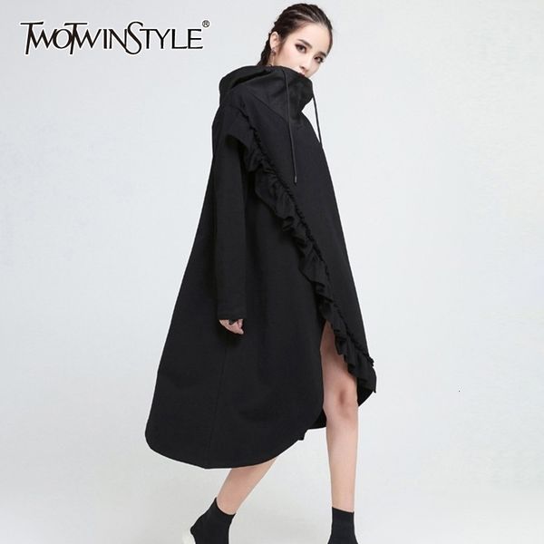 

twotwinstyle autumn winter hooded long sleeve black ruffles split joint irregular hem sweatshirt women fashion 201202
