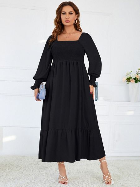 

plus square neck shirred flounce sleeve ruffle hem dress w6vv#, Black