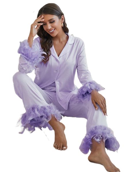 

solid button front blouse & fuzzy trim pants pj set 14v6#, Black;red