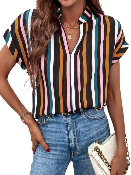 

vertical striped notched neck batwing sleeve blouse k7eo#, White