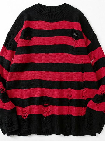 

striped sweaters women punk sweater autumn hollow out hole broken jumper loose oversized pullouvers harajuku streetwear 220809, White;black
