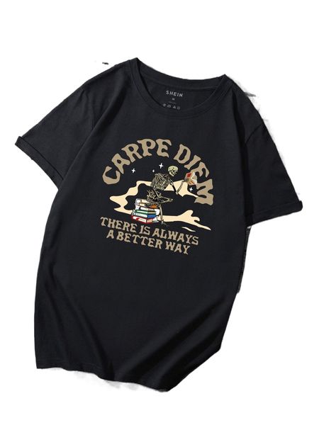 

men skeleton & slogan graphic tee g0zk#, White;black