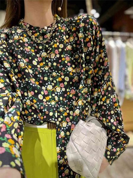 

women's polos early spring silkworm silk broken flower shell buckle loose irregular small stand collar shirt blouse female, White