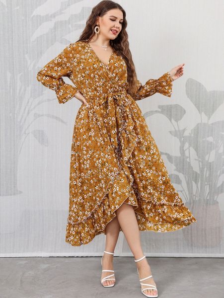 

plus floral print flounce sleeve ruffle trim wrap belted dress v8db#, Black