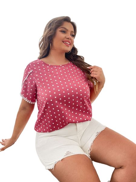 

plus polka dot guipure lace trim petal sleeve blouse p9vn#, Black