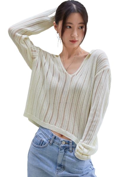 

dazy-less pointelle knit drop shoulder sweater t9qo#, White;black