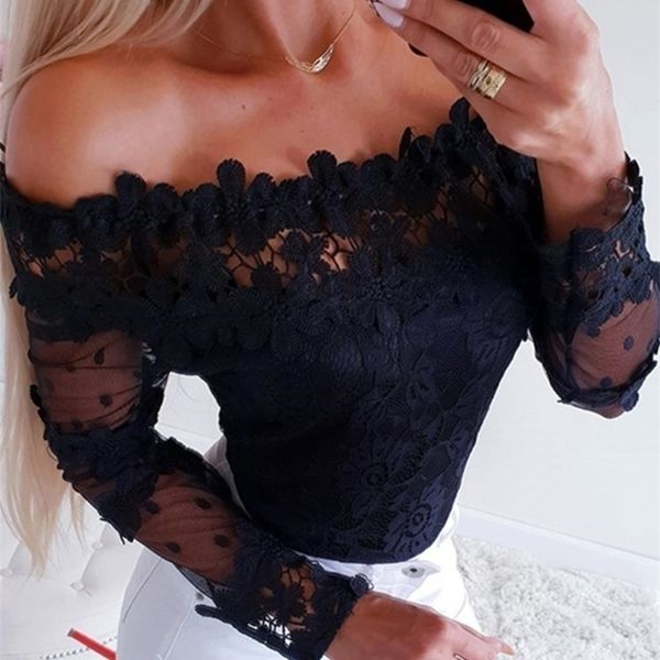 

autumn women elegant black mesh leisure shirt female stylish basic off shoulder mesh lace trim casual blouse y200422, White