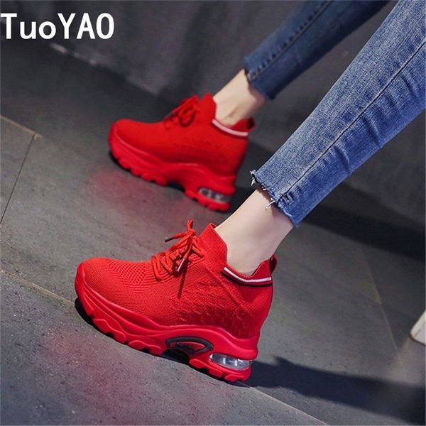 Mulher Ulzzang Fashion Platform Sneakers Wedge Shoes for Women 8,5 cm de altura que cresce as mulheres andando laço para cima Casual 220812