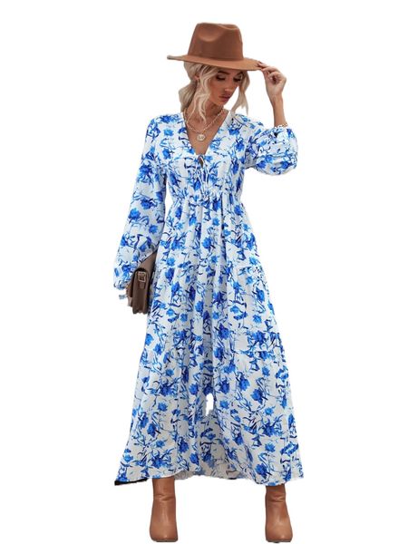 

floral print lantern sleeve tie front ruffle hem dress m3yn#, Black;gray